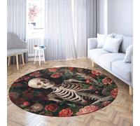 MOKOSAISE Alfombra romántica de círculo de Calaveras Rojas y Rosas Flores Alfombra Redonda Vintage Oscura Lavable para decoración del hogar de la Entrada del Comedor 91cm(Redondo)