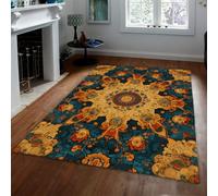 MOKOSAISE Alfombra Vintage Boho 100x150cm Alfombra Antideslizante Lavable de Pelo bajo con patrón de Flores Azules Amarillas y Naranjas para decoración del salón