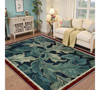 MOKOSAISE Alfombra Vintage de Hojas botánicas 100x200cm Hojas Azul Marino Azul-Turquesa con Borde Rojo y Alfombra Lavable de Pelo bajo para Cocina Moderna de salón de Granja