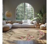 MOKOSAISE Alfombras de área Lavables 80cm（Redondo） Alfombra Fina Redonda Antideslizante Flor Rosa de melocotón patrón de pájaro y montaña moqueta para salón Dormitorio Comedor y Esterilla Interior