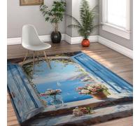 MOKOSAISE Alfombras Lavables 140x200cm Alfombra Antideslizante Ventana Cielo Azul Alfombras Finas Suaves para salón Entrada Dormitorio Cocina Flores Rosas y Alfombra Interior con Vistas al mar
