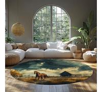 MOKOSAISE Alfombras Redondas 80cm（Redondo） Alfombra Grande Lavable de Perfil bajo Antideslizante Caballo Paisaje rústico de Granero patrón Cielo moqueta Interior para salón Oficina