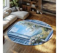 MOKOSAISE Alfombras Redondas Lavables 80cm（Redondo） Alfombra Antideslizante Vista a la Ventana Francesa Alfombras Blandas para salón Entrada Cocina hortensias Blancas Cielo Azul Alfombra de Pelo bajo