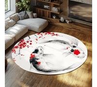 MOKOSAISE Alfombras Redondas para el salón Lavables 180cm（Redondo） Patrón de Peces koi y Flores de Ciruelo Rojo Alfombra Fina Antideslizante para Comedor Dormitorio Oficina Esterilla Interior