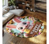 MOKOSAISE Happy Easter Bunny Alfombra Redonda Lavable 90cm（Redondo） Flores de Colores primaverales Alfombras Tapeta de Pelo bajo de Conejo Adorable para Entrada Cocina Dormitorio Alfombra Interior