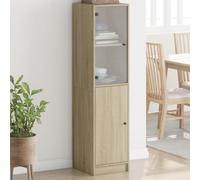 Mokuyary - Aparador con puerta de cristal roble Sonoma 35x37x142 cm, aparador con compartimento para armario de almacenamiento, armario lateral de cocina para sala de estar, dormitorio
