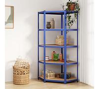 Mokuyary - Estantería de esquina de 5 niveles, color azul acero y madera de ingeniería, estante de carga pesada, almacenamiento para cocina, salón, garaje