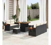 Mokuyary Juego de 10 sofás de ratán sintético con cojín, color negro y crema, para balcón, jardín, exterior, longitud de la mesa 80 cm