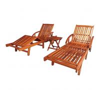 Mokuyary - Juego de 2 sillas con mesa de madera de acacia sólida, tumbonas de jardín, respaldo y reposapiés ajustable, con ruedas para baño de sol, muebles para playa, terraza