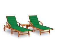 Mokuyary - Juego de 2 sillas con mesa y cojines de acacia sólida, asiento de jardín, respaldo y reposapiés ajustable, con ruedas para baño de sol, muebles para playa, terraza -A5