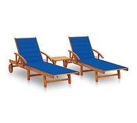 Mokuyary - Juego de 2 sillas con mesa y cojines de acacia sólida, asiento de jardín, respaldo y reposapiés ajustable, con ruedas para baño de sol, muebles para playa, terraza -A9