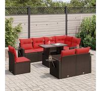 Mokuyary Juego de 9 sofás de jardín con cojines marrón de polirratán de acacia, muebles de exterior, muebles de terraza, salón de jardín, para terraza, balcón, jardín -F