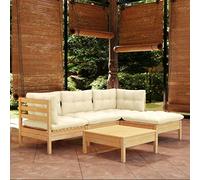 Mokuyary Juego de muebles de jardín con cojines de color crema de pino y muebles de jardín, set de muebles de exterior, muebles de terraza, salón de jardín para terraza, balcón, jardín -F