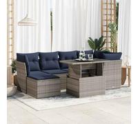 Mokuyary Juego de muebles de jardín de 7 piezas con cojines gris de polirratán de acacia, muebles de exterior, muebles de terraza, salón de jardín, para terraza, balcón, jardín -F