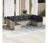 Mokuyary Sofá de jardín 9-TLG M324K911 con cojín, color gris claro, polirratán, para balcón, terraza, sin mesa