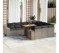 Mokuyary Sofá de jardín de 10 piezas con cojines de polirratán gris de acacia, muebles de jardín para balcón, terraza, 6 piezas centrales + 2 piezas angulares + mesa