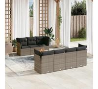 Mokuyary Sofá de jardín de 8 piezas con cojines gris polirratán para balcón, terraza, 2 piezas angulares + 3 piezas centrales + mesa
