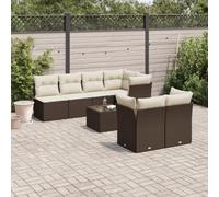 Mokuyary Sofá de jardín de 8 piezas con cojines marrón de polirratán, muebles de jardín para balcón, terraza, 3 piezas centrales + 4 piezas angulares + mesa