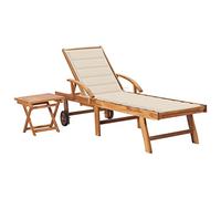 Mokuyary Tumbona con mesa y cojín de madera maciza de teca con cojín de asiento, tumbona de jardín, tumbona para interior y exterior, color crema con mesa