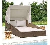 Mokuyary Tumbona con techo plegable marrón 200 x 114 x 128 cm de ratán sintético, tumbona de playa para jardín, balcón, terraza, camping, playa, piscina