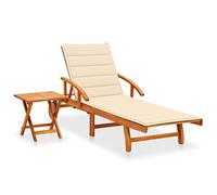 Mokuyary - Tumbona de jardín con mesa y cojín de madera de acacia, asiento de jardín, respaldo y reposapiés ajustable, con ruedas para baño de sol, muebles para playa, terraza, balcón -A3