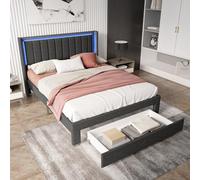 Mokylor Cama acolchada Cama Doble con cajón de Almacenamiento debajo de la cama, Marco de Camas Funcional para Jóvenes con cabecera de Camas acolchada de Lino con luces LED, USB+Tipo C (140x200)