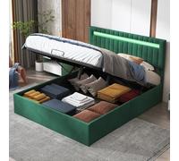 Mokylor - Cama doble (140 x 200 cm, con almacenamiento y luces LED, marco de cama con diseño vertical cabecera, cama hidráulica para adolescentes y adultos, terciopelo verde, 140 x 200 cm)