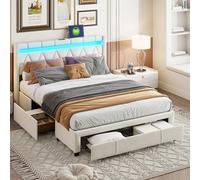 Mokylor Cama tapizada, Marco de cama doble moderno con 4 cajones de almacenamiento debajo de la cama, cabecero acolchado de lino, camas de plataforma con luces LED, USB+tipo C (beige, 160 x 200 cm)