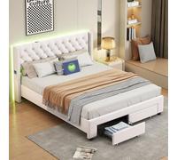 Mokylor Polsterbett 140x190 cm Stauraumbett mit Schubladen, Doppelbett mit USB und LED, Stauraumbett mit Lattenrost, gepolstertes Bettgestell für Erwachsene und Jugendliche, Samt, Beige (160X200CM)