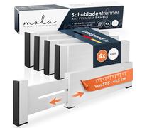 Mola Separador de cajones de alta calidad, color blanco, juego de 4 unidades, pequeño (32,5 - 43,5 cm), separador de cajones de bambú ajustable con agarre óptimo gracias a 5 almohadillas