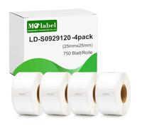 Molabel - 4 rollos de etiquetas pequeñas versátiles, compatibles con DYMO S0929120, 25 mm x 25 mm, 3000 etiquetas autoadhesivas, adecuadas para DYMO LabelWriter