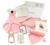 MolaBoo Canastilla Regalo Bebé Recién Nacido, Cesta Regalo Recién Nacido Niña 100% Algodón Orgánico, Doudou Bebé, Manta Muselina, Paño Lactancia, Sonajero, Mordedor y Estuche listo para regalar.