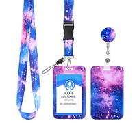 Molain Soporte para tarjetas de identificación con cordón y clip retráctil para carrete de insignia, juego de soportes para tarjetas de identificación de cielo estrellado (morado estrellado)