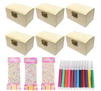 Molbory 6 mini cofres del tesoro, caja de madera para cumpleaños infantil, caja de madera con tapa, 3 pegatinas y lápices de acuarela de 12 colores, cofre pequeño y rectangular de madera para fiesta