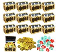 Molbory Juego de 12 minicofres del tesoro, cofre del tesoro para niños, de plástico, 12 piedras preciosas para niños y 12 monedas de oro, cofre del tesoro para guardar y decorar, regalo infantil