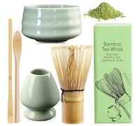 Molbory Juego de té matcha, juego de té matcha con soporte para batidores de cerámica, cuenco para matcha de cerámica, escoba matcha y 2 cucharas de bambú, juego de escoba matcha japonesa para la