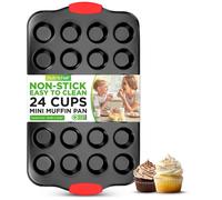 Molde antiadherente NutriChef para mini muffins de 24 tazas con asas de silicona roja - Bandeja de acero al carbono para postres salados y dulces