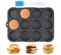 Molde de Silicona para Hamburguesas 12 Cavidades, Redondo de 8cm de Diámetro, Molde Reutilizable Antiadherente para hamburguesas, con cepillo de aceite, para Hamburguesas Pan Panecillos y Hojaldres