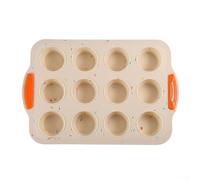 Molde de silicona para magdalenas con doce tazas antiadherentes y asa para hornear magdalenas, cupcakes, bocados de huevo y galletas, y fácil de limpiar (beige)