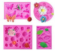 Molde de Silicona para Pasteles 4 piezas, Flor rosa, Flor del sol, mariposa, Hojas, Fondant de azúcar Molde para herramienta de decoración