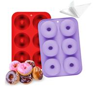 Molde para Donuts 2Pcs Antiadherente ideal para Reposteria, Galletas, Magdalenas | Moldes Silicona Donuts Violeta y Rojo | Incluye 15 Mangas Pasteleras | Compatible en Horno, Air Fryer, Lavavajillas