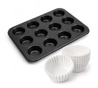 Molde Para Muffins De 12 Tazas Con Paquete De 500 Forros Para Magdalenas Desechables Blancos, Bandeja Para Hornear Magdalenas De Acero Al Carbono Antiadherente (Negro)