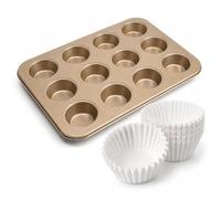 Molde Para Muffins De 12 Tazas Con Paquete De 500 Forros Para Magdalenas Desechables Blancos, Bandeja Para Hornear Magdalenas De Acero Al Carbono Antiadherente (Oro)