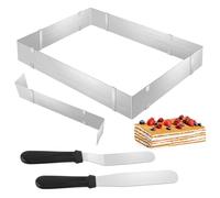 Molde Pastel Mousse Ajustable, Molde Pastel Acero Inoxidable, Molde Extensible Para Hornear con Divisoria y 2 Espátula, Rectangular Anillo Pastel Cuadrado Hornear para Tartas Pizzas Hornear Y Decorar