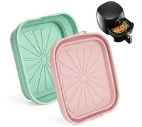Molde Silicona Freidora de Aire, Set de 2 Recipientes para Airfryer, Antiadherentes y Plegables, Bandeja Cuadrada para Cestas de Más de 3 L, Compatible con Horno y Microondas (Rosa Claro, Verde claro)