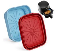 Molde Silicona Freidora de Aire, Set de 2 Recipientes para Airfryer, Antiadherentes y Plegables, Bandeja Cuadrada para Cestas de Más de 3 L, Compatible con Horno y Microondas (Rojo, Azul Oscuro)