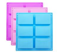 Moldes de silicona para jabón, 6 cavidades rectangulares de silicona para jabón casero, molde para tartas, chocolate y bandeja para cubitos de hielo, juego de 3 (azul, verde y rosa).