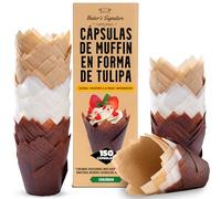 Moldes Magdalenas Tulipán, 150 Pzas - Blancas, Beige y Marrones, Muffins Moldes Desechables - Papel Cupcakes para Hogar y Eventos - Fáciles de Quitar por Baker's Signature
