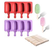 Moldes para helados de 2 piezas, 50 palitos de madera, juego de moldes para helados de silicona, moldes para paletas ovaladas de 4 cavidades, para hacer helados DIY (rojo, morado)