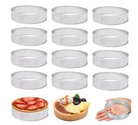 Moldes Perforados, 12 Piezas 8 cm Pasteles Tartaletas de Acero Inoxidable, Aros para Mini Tartas Anillos Redondos, Moldes Perforado de Pastel, para Muffins, Mousses y Pizzas